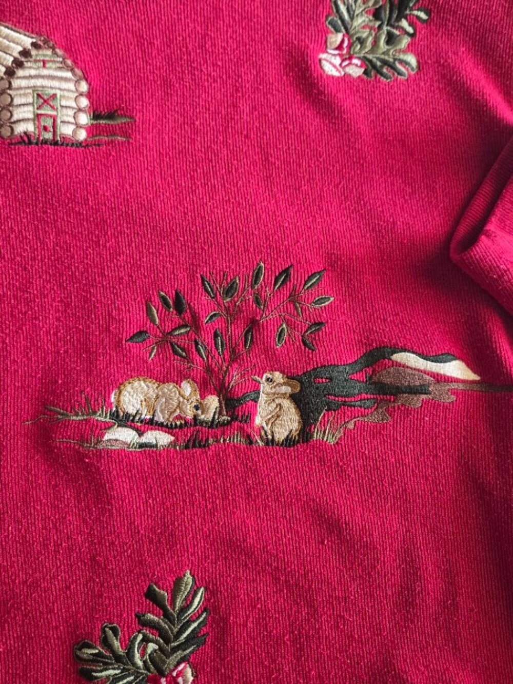 Vintage Alfred Dunner Red Woodland Rabbit Cabin Embroidered Sweater S - Picture 4 of 7